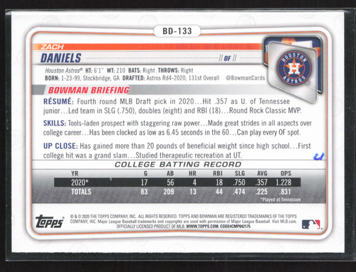 Zach Daniels Signed 2020 Bowman 1st BD-133 Houston Astros Signed Autographed - Picture 2 of 2
