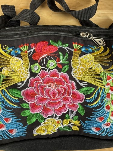 Crossbody Canvas Bag Embroidered Peacocks Bright Shoulder Barely Used Colorful - Picture 2 of 7