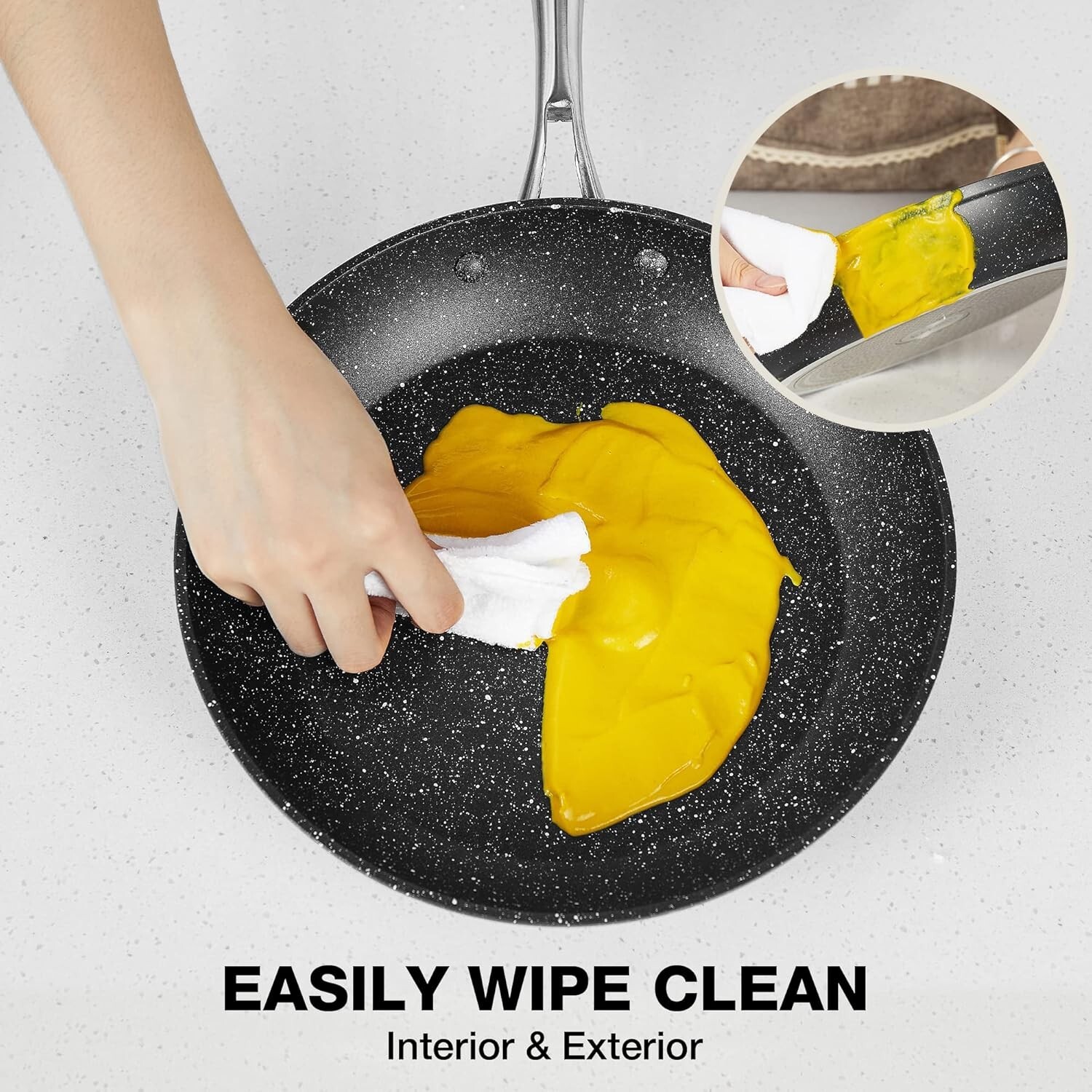 Inch Nonstick Frying Pan with Lid,Black Marble Cookware, Stone-Derived Coating-image