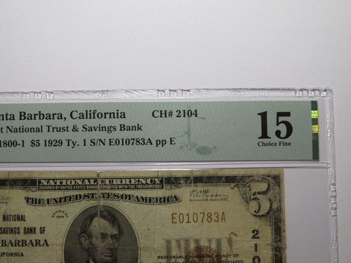 $5 1929 Santa Barbara California National Currency Bank Note Bill #2104 F15 PMG - Picture 3 of 5