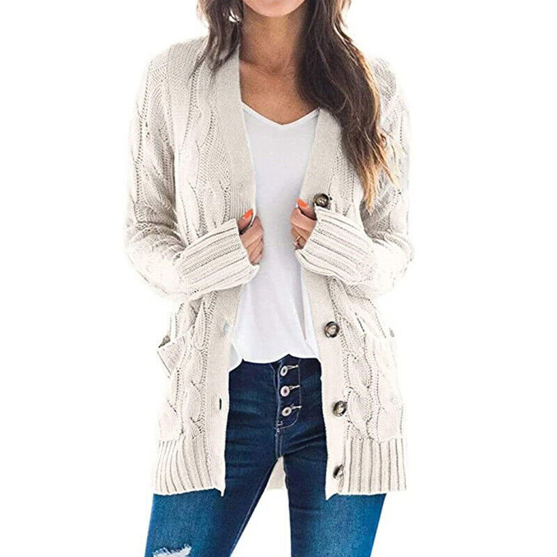 Womens Ladies Chunky Cable Knit Cardigan Button Long Sleeves Grandad