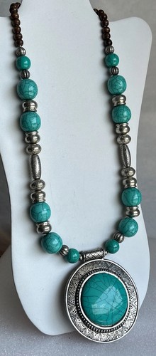 Statement Necklace Turquoise & Silver Tone Faux Stone Wood Beads 28”L Pendant 3” - Picture 2 of 7