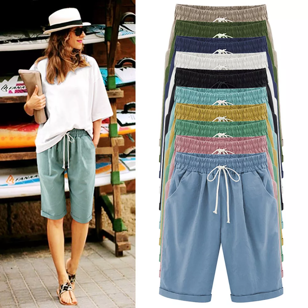 NEW Women Fashion Drawstring Elastic Waist Knee Length Curling Bermuda  Shorts