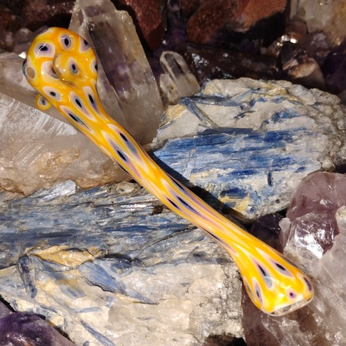 Yellow and Fumed Malocchio Murrine Coated Glass Sherlock Pipe - Picture 6 of 9