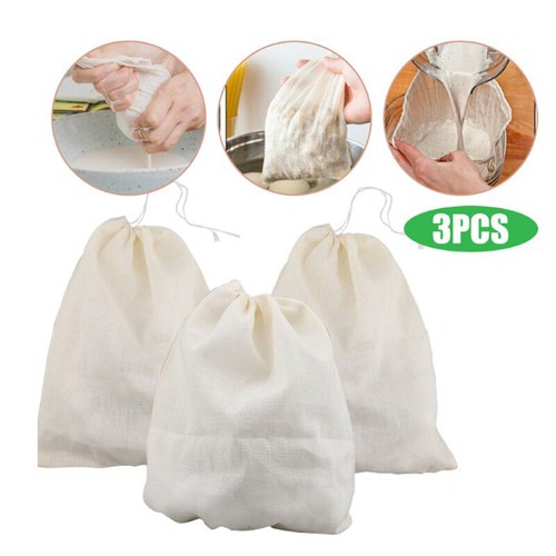 3PCS Organic Cotton Nut Milk Bag Reusable Food Strainer Brew Coffee Cheese Cloth - Afbeelding 1 van 11