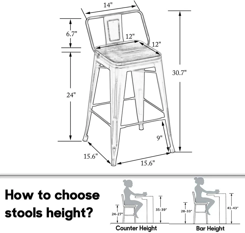 Taburete de mostrador de metal con respaldo bajo de 24" altura taburetes de bar con asiento de madera [Juego de 4] B Foto 3 de 4