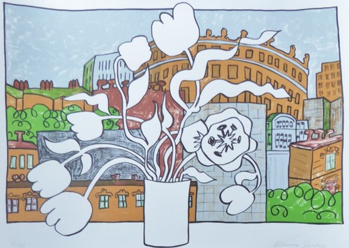 Edwina Sandys SKYSCOPE Hand signed Lithograph City & Flowers British Artist