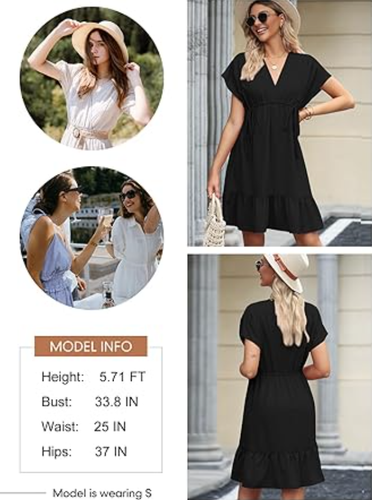 Dokotoo Womens Summer Dresses 2024 Short Sleeve V-Neck Drawstring Casual Dress L - Picture 7 of 9
