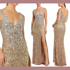 NWT $338 Mac Duggal [ 4 ] Sequined Sleeveless V Neck Side Slit Gown Gold #J437