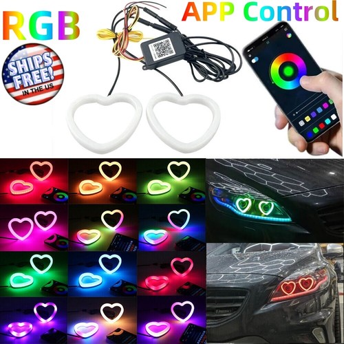 Heart APP Control Car RGB LED Angel Eyes Halo Rings Headlight DRL Light Retrofit - Picture 1 of 12