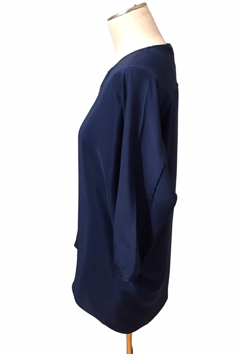 Vince Navy Blue SILK Blouse 1/4 Zip 3/4 Sleeve Popover Dolman