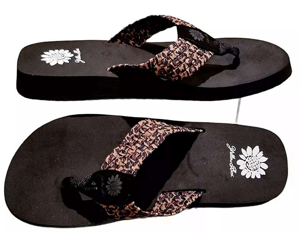 Yellow Box Flip Flops Soleil Womens 7.5 Leopard Woven Elastic Strap 43912  New