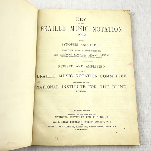 Key to the Braille Music Notation 1922 Book Made in England Antiquarian VTG