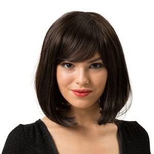 Details about 14\u0027\u0027 Short Bob Cosplay Side Part Wig w/ Bangs Straight Fluffy Natural Wigs
