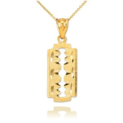 14K Solid Yellow Real Gold Razor Blade Pendant Necklace Barber
