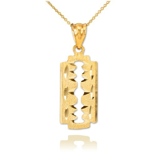 Collar colgante hoja de afeitar de oro real amarillo liso de 10 K peluquería - Imagen 1 de 5