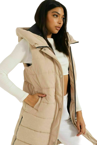 LADIES LONG LINE HOODED PUFFER GILET JACKET PADDED CAMOUFLAGE PRINT BODY WARMER - Picture 15 of 18