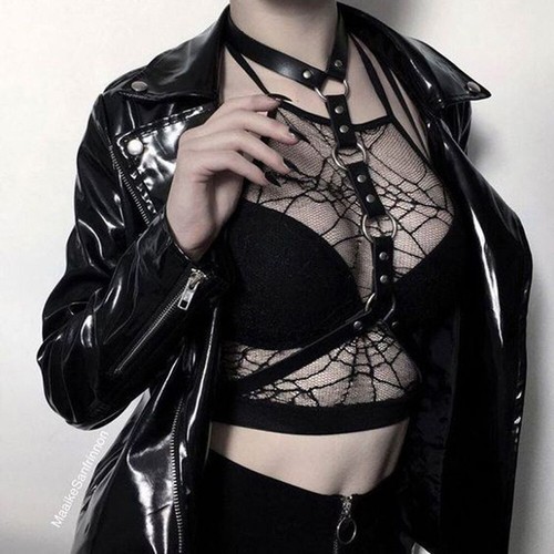 Reggiseno da donna in pelle PU imbracatura petto punk body bondage cintura in vita fascia sul petto - Foto 3 di 12