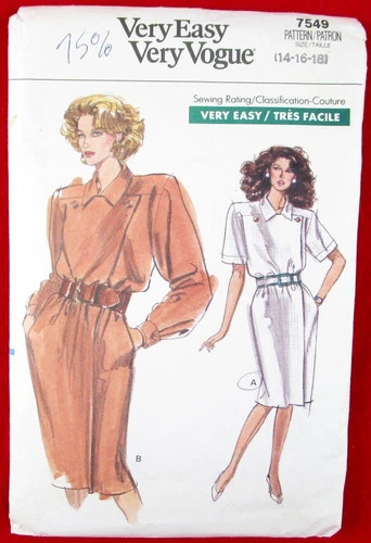 NOS Very Easy Very Vogue Pattern 7549, 2 Mock Wrap Dresses, 14-16-18, Uncut