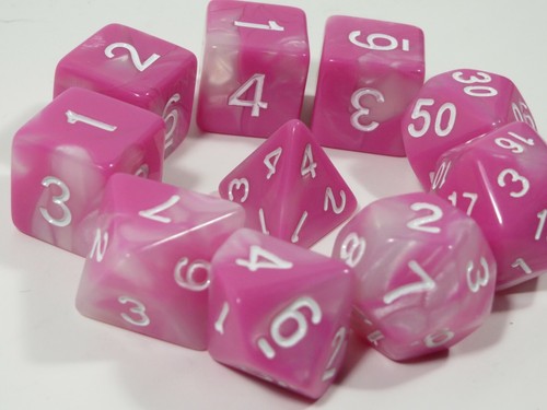 NEW RPG Dice 10pc - Twisted Pink-White - 1 @ D4 D8 D10 D12 D20 D00-10 & 4 D6 - Picture 3 of 4