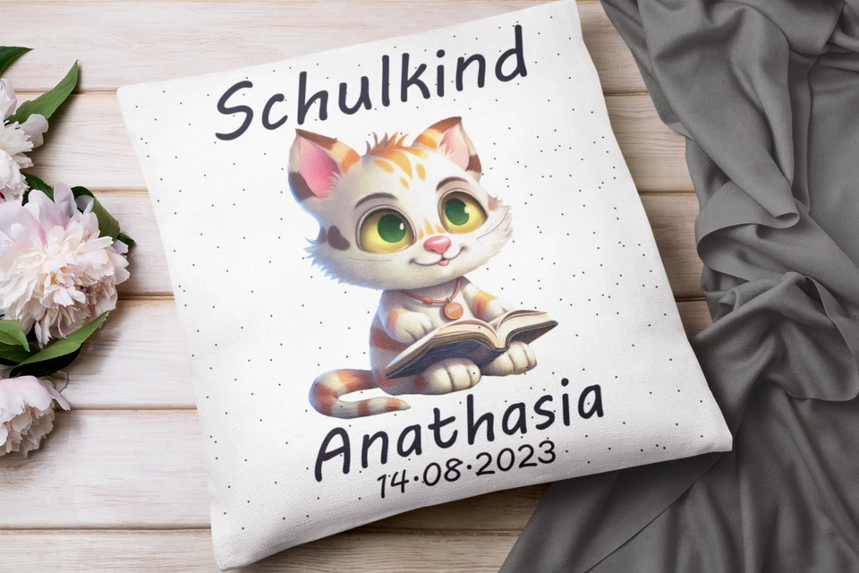 Einschulungs Geschenke | Kissen mit Namen Mädchen | schulanfang katze - Bild 1 von 4