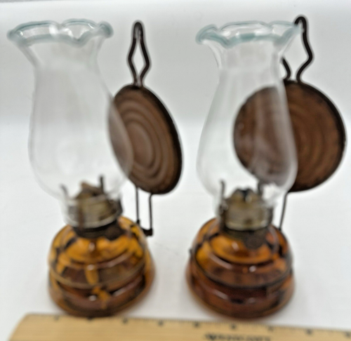 Lot of 2 Vtg Amber Handy Oil Lamp Made in Japan Bronze Reflector and Hanger - Picture 1 of 18