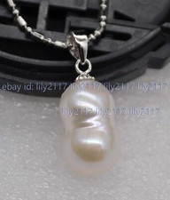 Natural White Baroque Freshwater Pearl 10x15mm Pendant Necklace Silver Chain 17'