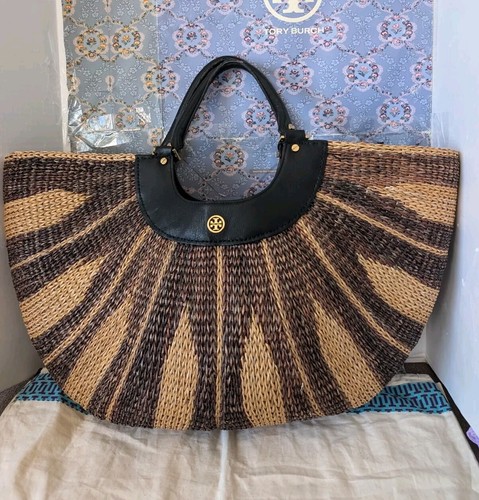 Tory Burch Runway Crescent Shape Straw Large Tote Natural/Black Very Large Size 