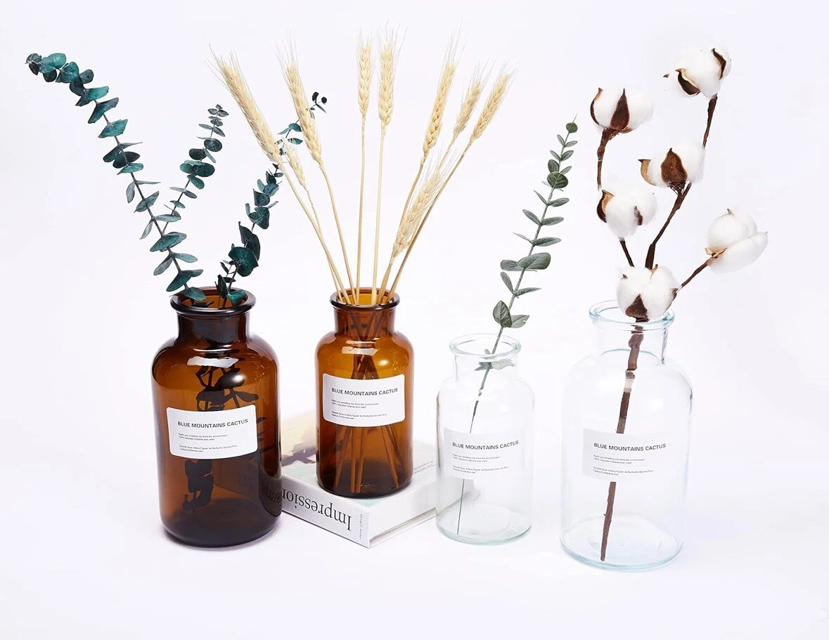 New 4 PCs Glass Vase & 4 Sets Artificial Flower Pack