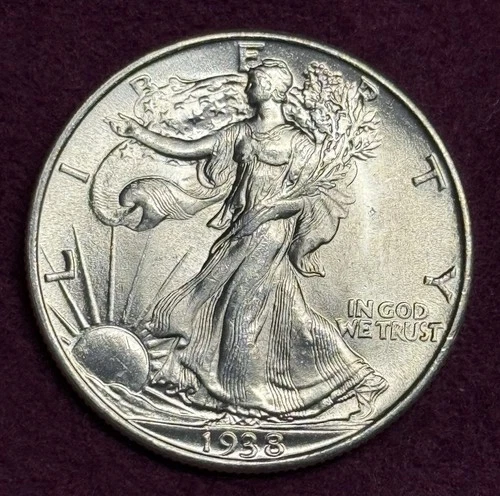 Lustrous Mint State 1938-P Walking Liberty Silver Half Dollar, Orig Uncirculated