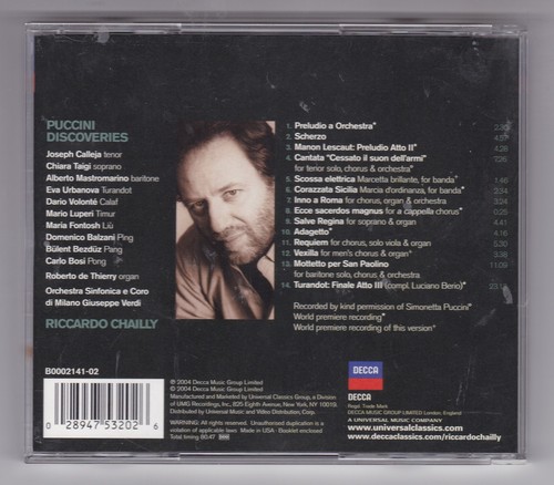 Giacomo Puccini Discoveries Riccardo Chailly Orchestra Sinfonica Di Milano CD !! - Picture 2 of 2