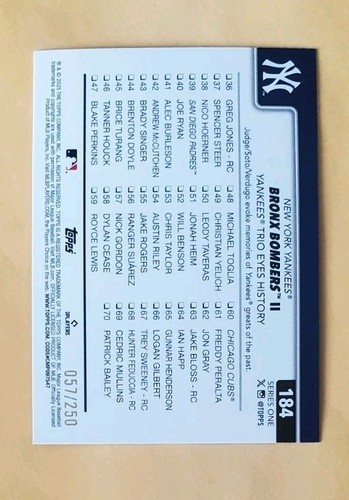 2025 Topps Bronx Bombers II Purple Foil /250 Aaron Judge Juan Soto Verdugo #184 - Picture 4 of 4