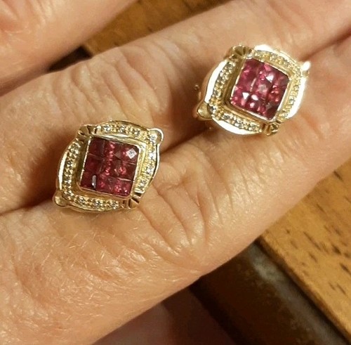 Vintage 14k Gold Joshua Genuine Ruby And Diamond Omega Back Earrings - Picture 2 of 5