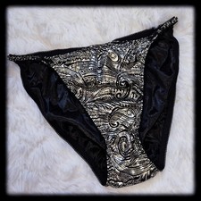 Vintage SILVER Metallic HI-RISE String Bikini PANTIES Shiny Foil Print 7/8 L-XL