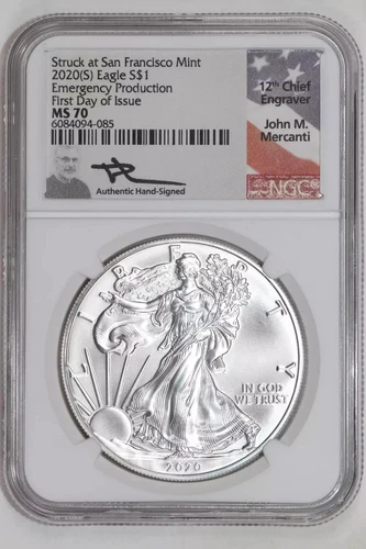 2020 (S) SILVER EAGLE NGC MS70 MERCANTI FDOI MERGENCY PRODUCTION