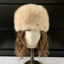 Cream Beige Fox Fur Bubushka Hat Russian Style 2000’s 90’s Girls Faux Fur Winter