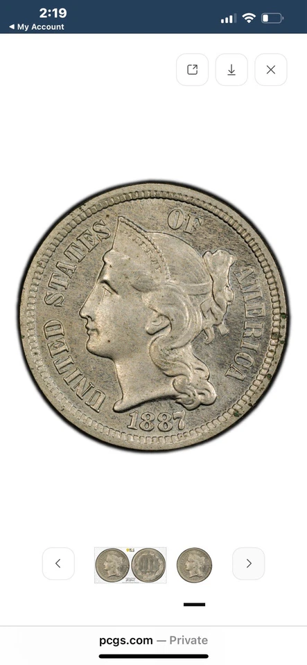 1887/6-P STRONG OVERDATE Three Cent Nickel 3CN PCGS PROOF PR 64 1887 Over 6 RARE - Image 3 of 4