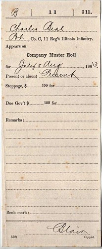 Charles Beal Civil War Company Muster Roll 11th Reg't Illinois Infantry: 1863