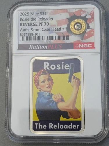 2025 Niue 1 oz Silver Reverse Proof NGC PF70 Rosie The Reloader Auth. 9 MM Case