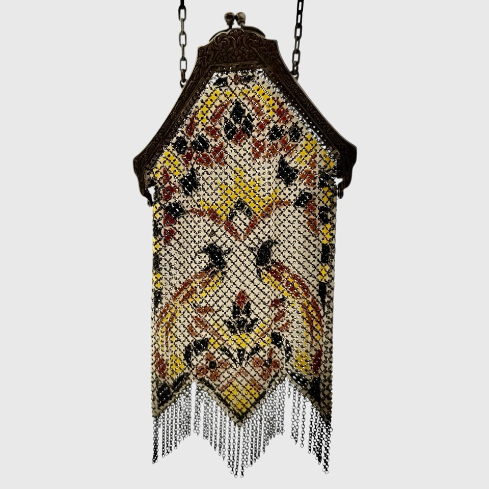 Antique Mandalian Enamel Mesh ART DECO VintageFlapper Purse PEACOCK CRANE BIRD - Image 4 of 4