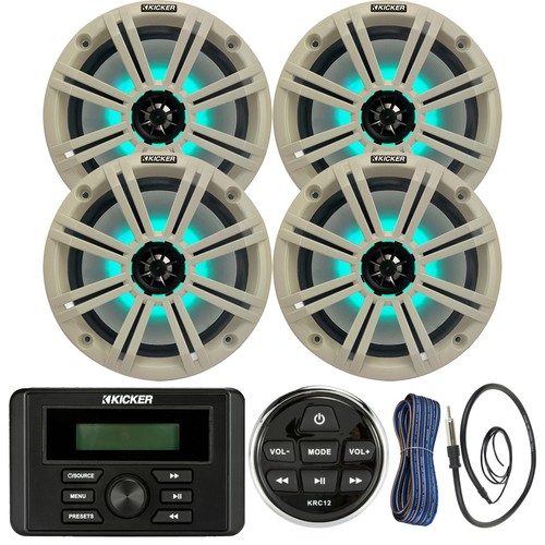 Kicker KMC3 AM/FM Receiver w/Remote, 4x 8" LED Speakers w/Grilles, Wire, Antenna - Bild 1 von 8