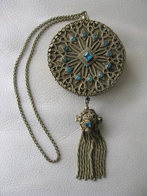 Antique Gold Filigree Aqua Blue Jewel Tassel Double Powder Rouge Mirror Compact