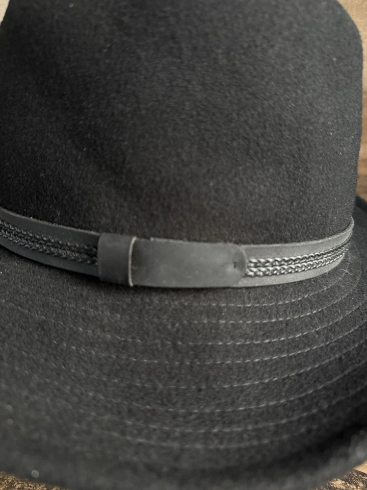 Abas de ouvido Tilley Endurables Montana Fedora tamanho 7 preto pulseira de couro lã - Imagem 4 de 4