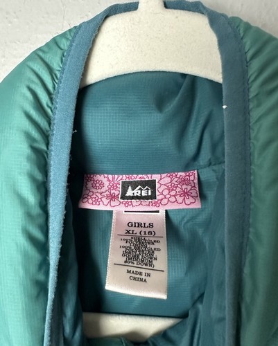 REI Girls Down Puffer Jacket Size XL (18) Floral Embroidery Blue - Picture 3 of 4
