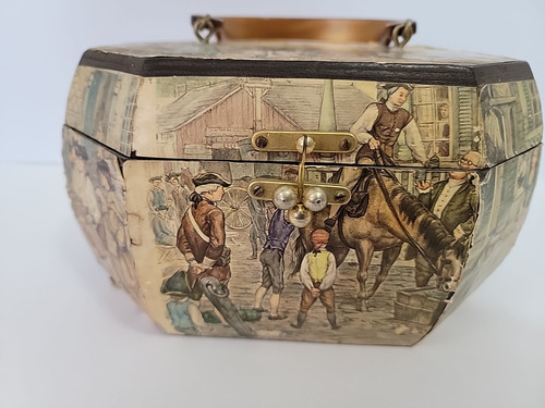 Vintage Anton Pieck "To Market" Wooden Octagon Decoupage Box Purse Lucite Handle - Picture 3 of 11