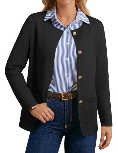 Casual Black Knit Blazer Cardigan Business Casual Cardigans for Women Button ...