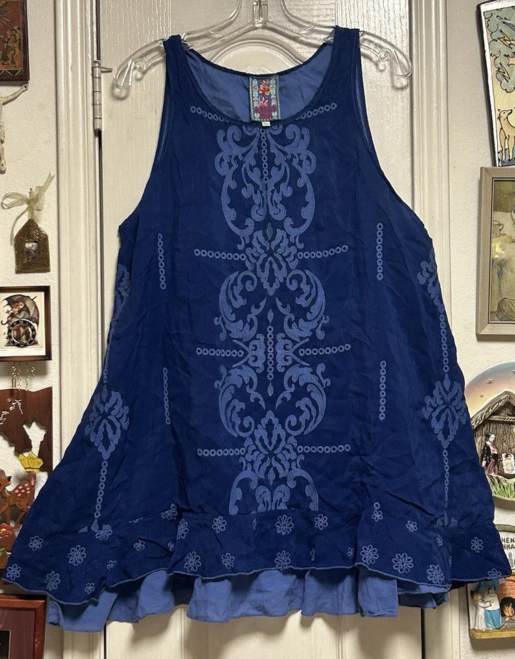 Johnny Was Royal 蓝色 Demoran 孔眼/刺绣束腰无袖分层下摆 XL — 第 3/4 张图片