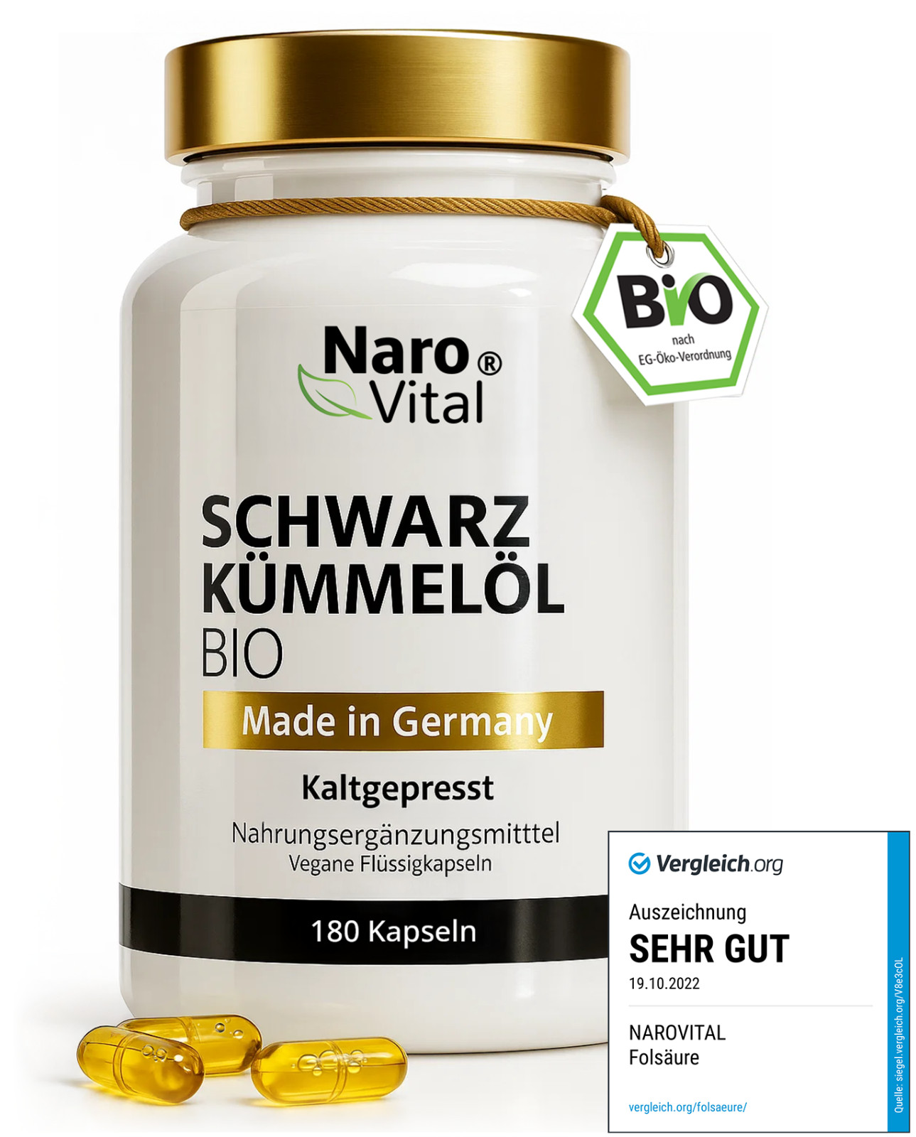 Bio Schwarzkümmelöl Kapseln 1000 mg kaltgepresst - 180 Flüssigkapseln