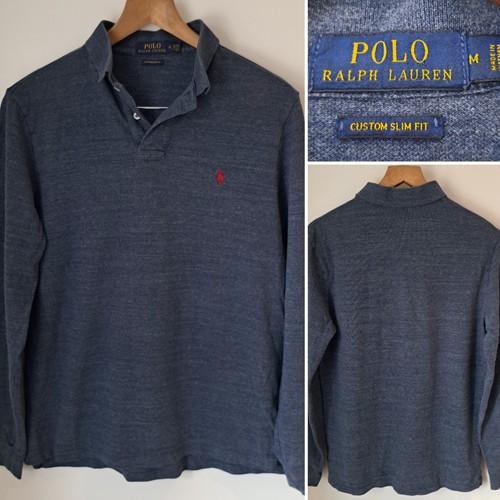 POLO RALPH LAUREN CUSTOM SLIM FIT HERREN BLAU LANGARM POLOSHIRT GRÖSSE MEDIUM