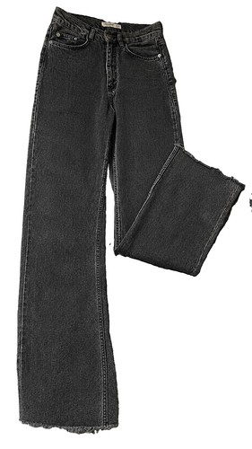 Pull&Bear Women’s Dark Gray Black Wide Leg Jeans Raw Frayed Hem Y2K